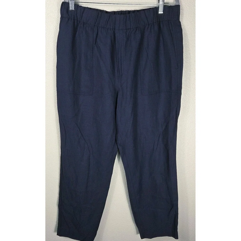 Banana Republic Tall Linen Lyocell Pants Navy Blue Pull On Straight Leg L